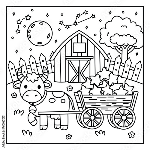 A cartoon farm scene with a cow pulling a wagon full of stars under the moon and constellations