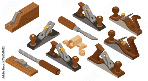 Isometric carpentry tools collection: woodworking planes and tools set