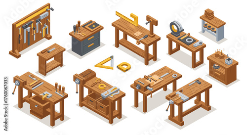 Isometric woodworking workstations: tools and benches for crafting enthusiasts