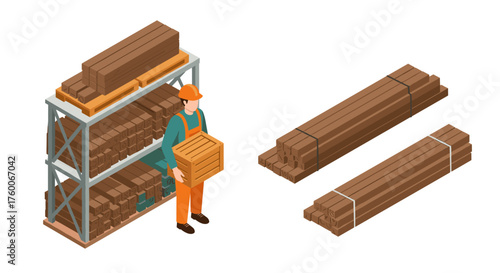 Warehouse worker handling lumber in isometric view with stacked wood planks