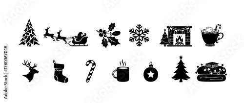 Black silhouette Christmas elements with Santa sleigh, reindeer, tree, snowflake, fireplace, and festive decorations