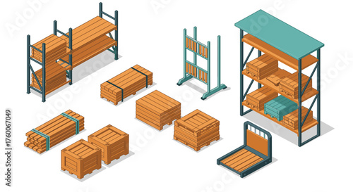 Warehouse organization: shelving and pallets in isometric perspective