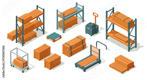 Isometric warehouse storage solutions with pallets and shelves
