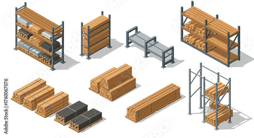 Isometric warehouse storage with lumber stacks and metal shelving units