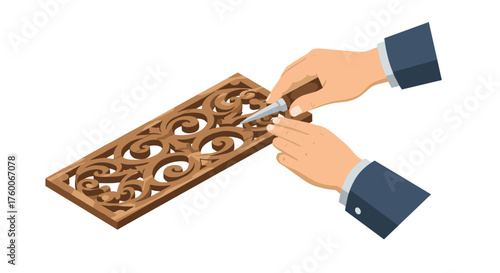 Craftsman hands with chisel working on intricate wood carving design
