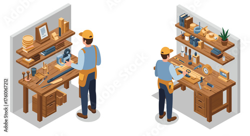 Craftsman in workshop with tools and equipment in isometric style