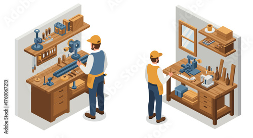 Two carpenters working in a workshop with tools in an isometric style