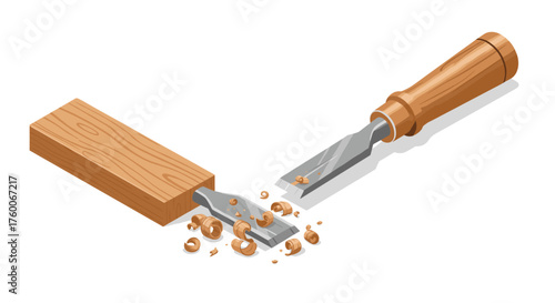Isometric woodworking scene with chisel and wooden block