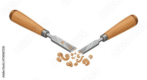 Realistic chisels with wooden handles carving wood shavings