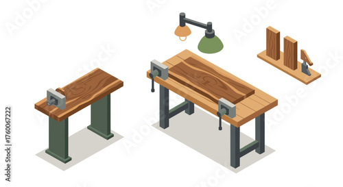 Isometric workshop benches and tools for carpentry and woodworking projects