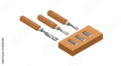 Isometric woodworking chisels and dovetail block for carpentry projects