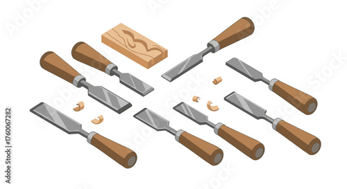 Isometric wood carving tools set with classic chisels and wooden handles