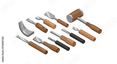 Isometric woodworking tools set with chisel, mallet, and gouge in wooden handles