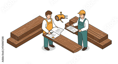 Isometric woodwork collaboration: workers discussing construction plans