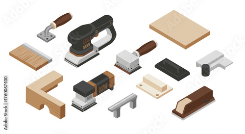 Isometric set of woodworking tools and equipment for carpentry and diy projects