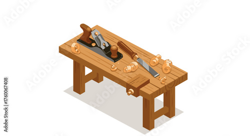 Isometric carpenter's workbench with tools and wood shavings