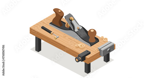 Isometric wooden workbench with plane tool and shavings for carpentry projects