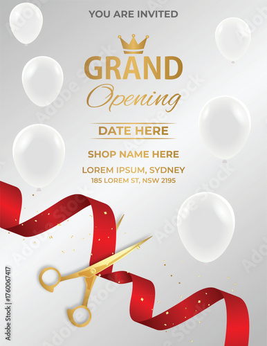Grand opening banner with red ribbon and golden balloons, luxury event invitation template