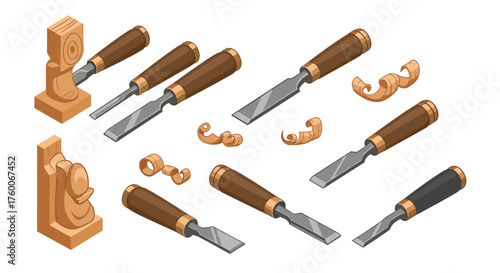 Wood carving tools and sculpture with chisels and shavings in isometric design