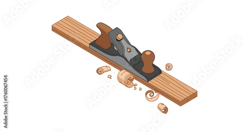 Vintage woodworking plane on timber with shavings in isometric style for retro craft design
