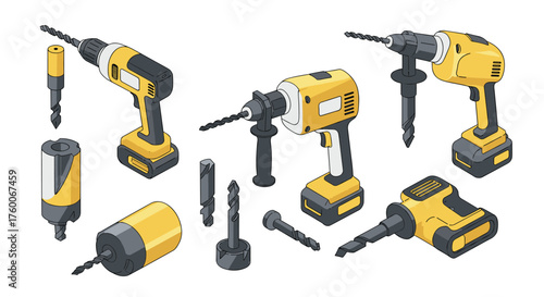 Collection of isometric electric drills and drill bits in yellow and black design