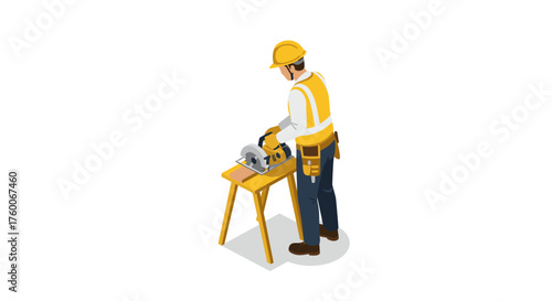 Isometric carpenter in safety gear using electric saw on wooden workbench