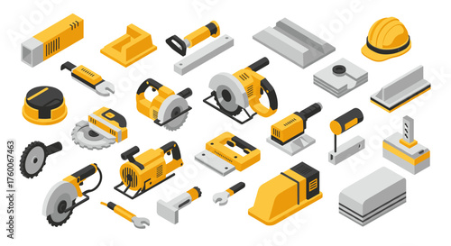 Isometric construction tools set with saw, drill, wrench, and safety gear