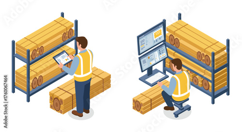 Warehouse operations with workers managing inventory and data entry in isometric style