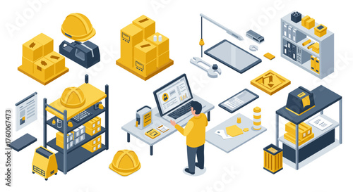Isometric warehouse and industrial equipment icons for logistics and manufacturing design