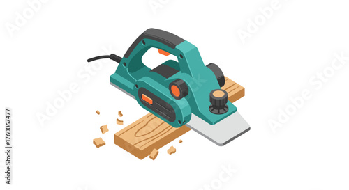 Electric planer on wooden planks with shavings in isometric style