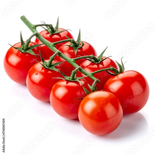 Fresh cluster of ripe red tomatoes on a green vine, isolated