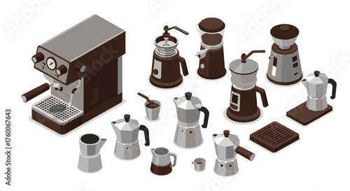 Isometric coffee makers collection featuring espresso and moka pots