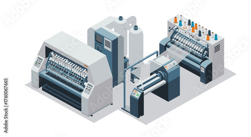 Isometric textile machinery set with embroidery and yarn equipment for industrial use