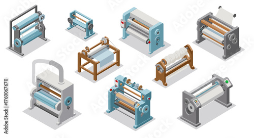 Isometric industrial textile machines set for manufacturing and production design