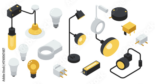 Isometric light bulbs and modern lighting fixtures in yellow and black