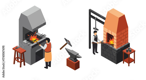 Isometric blacksmith workshop with anvil and forge