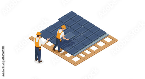 Workers installing solar panels on roof in isometric design