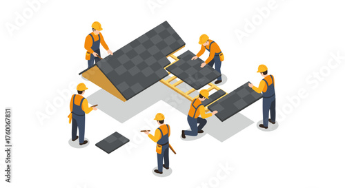 Construction workers installing roof tiles in isometric style