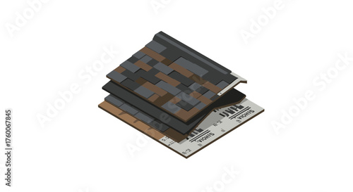 Isometric roof shingles layers with underlayment for construction visualization