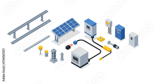 Isometric renewable energy components with solar panels and electrical equipment