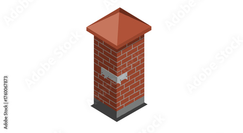 Isometric brick chimney with red roof for architectural design and construction projects