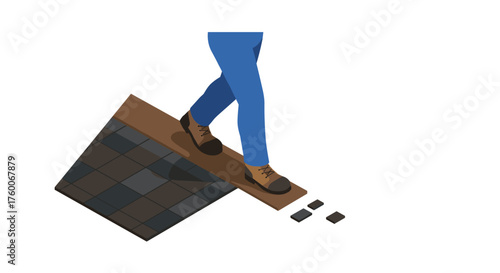 Isometric person walking on rooftop edge in casual attire