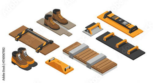 Isometric construction tools and equipment set with safety boots and platforms