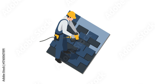 Isometric roofer working on a tiled roof with power tool