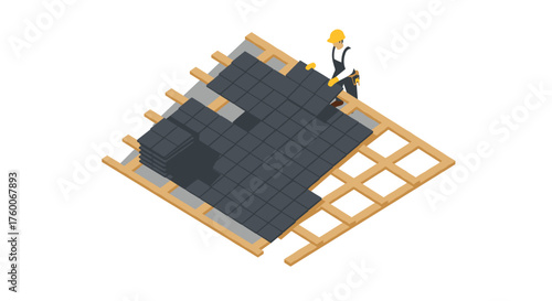 Isometric worker laying roof tiles on wooden frame for construction project