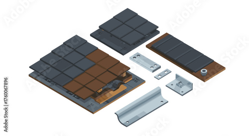Modular roofing components in isometric style featuring panels and connectors