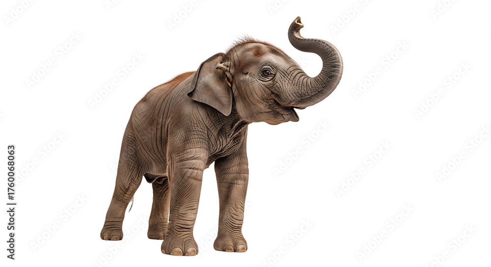 Obraz premium Adorable Baby Elephant with Trunk Raised Transparent Background Isolated on White