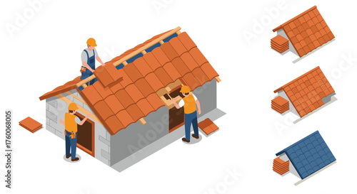 Isometric construction workers installing roof tiles on house with material options