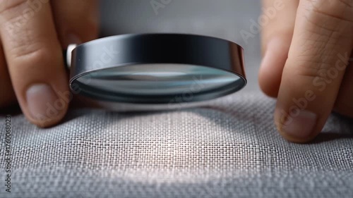 Close-up of fingers moving magnifying glass across light fabric surface, revealing detailed fibers and texture as soft daylight enhances inspection precision
