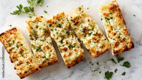 A plate of bread with cheese and parsley on top. The bread is cut into six pieces